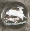 Colored frit hunting scene paperweight, with a dog chasing a stag, 3 1/2'' dia.