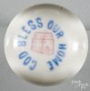Colored frit God Bless Our Home paperweight on an opaque white ground, 3 1/2'' dia.