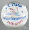 Colorful frit paperweight, decorated with a side wheel steamboat, inscribed J. H. Starin Glen Islan