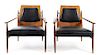 A Pair of American Mid-Century Elm and Leather Armchairs Height 31 1/2 inches.
