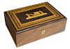 INLAID MARQUETRY MAHOGANY BOX WITH FIGURAL SCENE