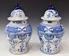 (2) CHINESE BLUE & WHITE PORCELAIN TEMPLE JARS