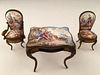 Austrian painted minature furniture, table (drawer missing) and two chairs.<BR>Hei