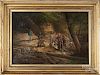American oil on canvas of figures working in a wooded landscape, mid 19th c., 15'' x 21 1/4''.