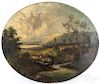 Hudson River oil on canvas landscape, ca. 1860, with a gentleman fishing, 25'' x 30''.