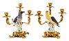 A Pair of French Porcelain Mounted Gilt Bronze Three-Light Candelabra Height 11 inches.