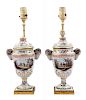 A Pair of Painted Faience Urns Mounted as Lamps Height overall 15 1/4 inches.
