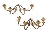 A Pair of Italian Baroque Style Wrought Iron and Giltwood Four-Light Sconces Width 23 1/2 inches.