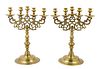 A Pair of English Brass Five-Light Candelabra Height 15 1/2 inches.