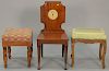 Three piece lot including mahogany chair with hand painted panel and two foot stools. ht. 19in.