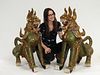 PR Thai Carved Jeweled Wood Singha Guardian Dogs