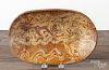 Redware loaf dish, 19th c., with mottled yellow slip decoration, 7 1/2'' h., 12'' w.
