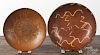 Two Pennsylvania redware chargers, 19th c., with yellow slip decoration, 11 3/4'' dia. and 10 1/4'' di