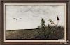 Jimmy Lynch (American 1950-2013), watercolor and gouache landscape with bird in flight, 18'' x 30''.