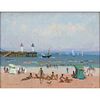 Pierre Boudet, French (1925-2010) Oil on board "Plage de ___, Deauville" Signed lower left, inscribed and dated '74 by the ar