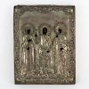 18th Century Russian Hand Painted Russian Icon On Wood With Silvered Metal Overlay.