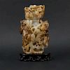 Large well carved Chinese White and Brown Jade Lidded Bottle On Stand. Birds and floral motif.