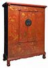 CHINESE PARCEL GILT TWO DOOR RED LACQUER CABINET
