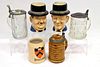 (4) METTLACH, MOLDED GLASS & CHARACTER STEIN GROUP