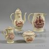 Four Red Transfer-decorated Creamware Items