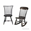 Two Windsor Chairs, a Black-painted Rocking Chair, and a Queen Anne Maple Side Chair.