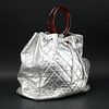 Chanel Silver Quilted Lambskin Leather Large Tote with Tortoise Handles.