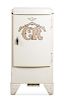 A Vintage White Refrigerator with Caribou Ranch Logo. Height 50 x with 23 x depth 23 inches.