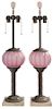 Pair Pink Satin Glass, Brass and