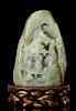 Chinese Celadon Jade Carved Boulder w/ Wood Stand