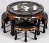 CHINESE BLACK LACQUER & HARDSTONE TABLE & STOOLS