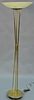 Brass tripod torchiere lamp, shade signed Gill LS. ht. 65in., shade dia. 20in.