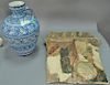 Two ceramic pieces including large ceramic hanging plaque with wallpaper decoration (24" x 21") and a vase with blue and whit