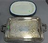 Two piece lot to include a large Leeds platter with feather edge (19 1/4" x 15 3/4") and a large silverplated tray (lg. 26 1/