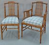Set of six faux bamboo dining chairs, each with lattice top rail and faux bamboo turnings with blue and white upholstered sea