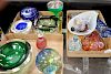 Three tray lots with Murano and art glass to include large bubble glass door stop, bowls, pink art glass vase, large green ce