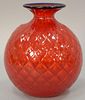 Paolo Venini Monofiori Balloton red quilted art glass vase with cobalt blue rim. ht. 6 1/2in.