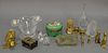 Box lot to include Lalique owl, Steuben bowl, hardstone Chinese dish, pair of perfumes with painted tops, porcelain box, bras