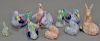 Group of nine Herend fishnet animal figures including pair of blue ducks, small green duck, green swann, a double figure with
