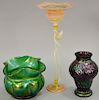 Three vases including Loetz art glass vase with ground top rim, Loetz art glass green iridescent bowl with ruffle top and gro