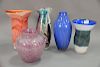 Five art glass vases, one with Murano label having colorful splash decoration and flared rim, a large blue twist vase, a purp