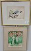 Four small framed items to include Marc Chagall, lithograph, "Coq a' la Palette", having Galerie Adrien Maeght label; Andree 