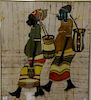 African/Nigerian Batik dye cloth of two people walking with baskets signed illegibly lower right. Similar to Ismail Mat Hussi
