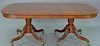 John Widdicomb Georgian style dining table, mahogany banded inlaid double pedestal with three 18inch leaves. ht. 30in., top: 