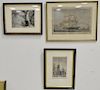 Seven framed prints and etchings including print after Robert Dodd of East Indian Man sailing vessel, a Sam Thal etching, M.M