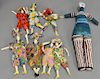 Group of seven Cerri Doll art poupee seed beanbag dancing figures with ceramic head, arms, and legs along with a bead doll (h
