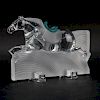 Daum France "Ming" Horse Sculpture. Frosted and clear crystal with molded green pate de verre saddle.