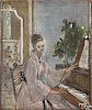 Franklin Chenault Watkins (American 1894-1972), oil on canvas of a woman playing the piano, 12'' x