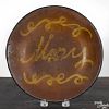 New England redware pie plate, 19th c., with slip inscription Mary, 10 1/8'' dia.