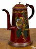 Red tole coffee pot, 19th c., retaining its original vibrant floral decoration, 10 3/4'' h.
