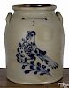 New York three-gallon stoneware crock, 19th c., impressed W. Roberts. Binghamton. N.Y, with coba